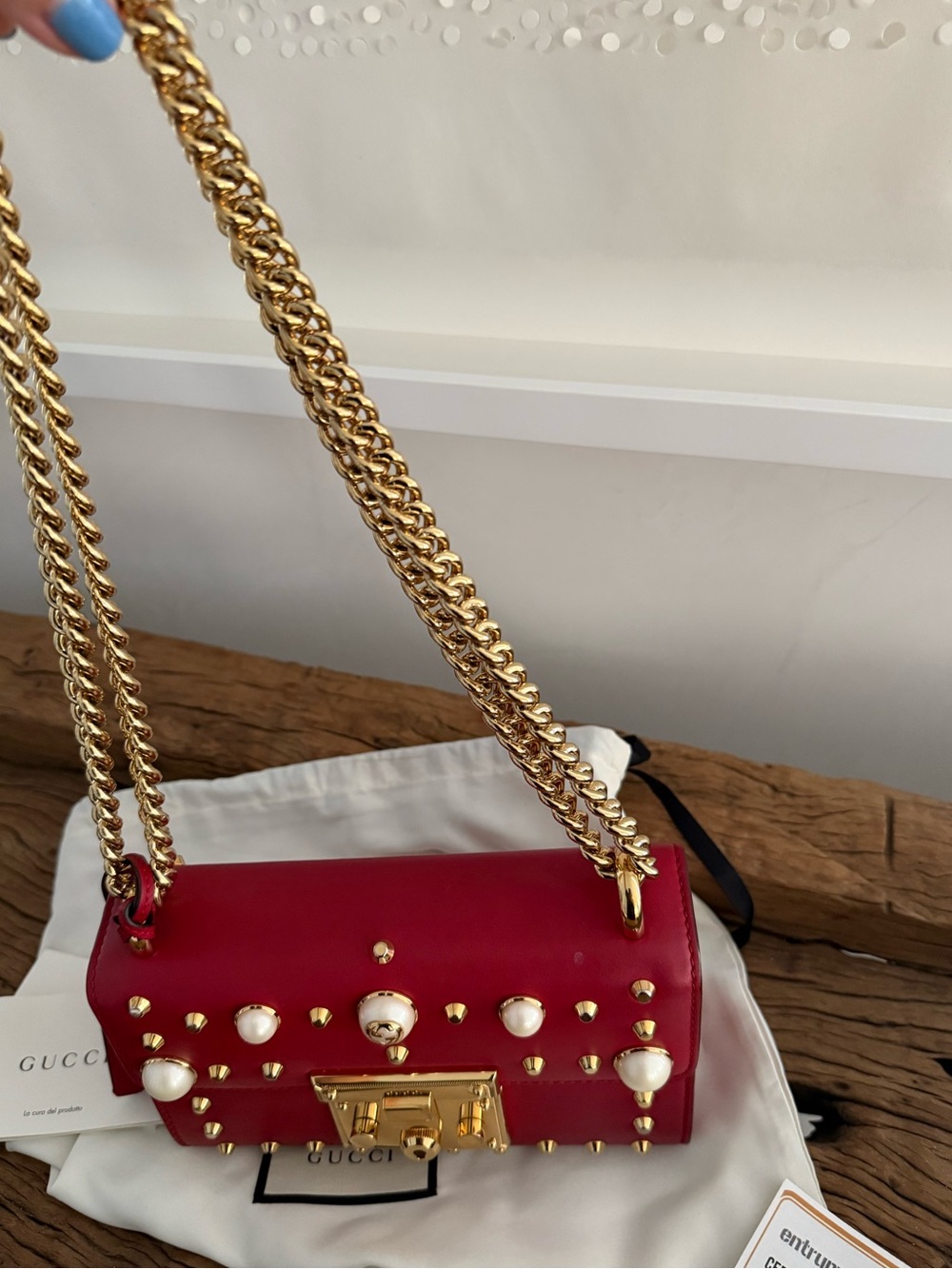 Gucci Red Leather padlock Pearl-Embellished Chain Crossbody Bag, dust bag,COA - Picture 7 of 15
